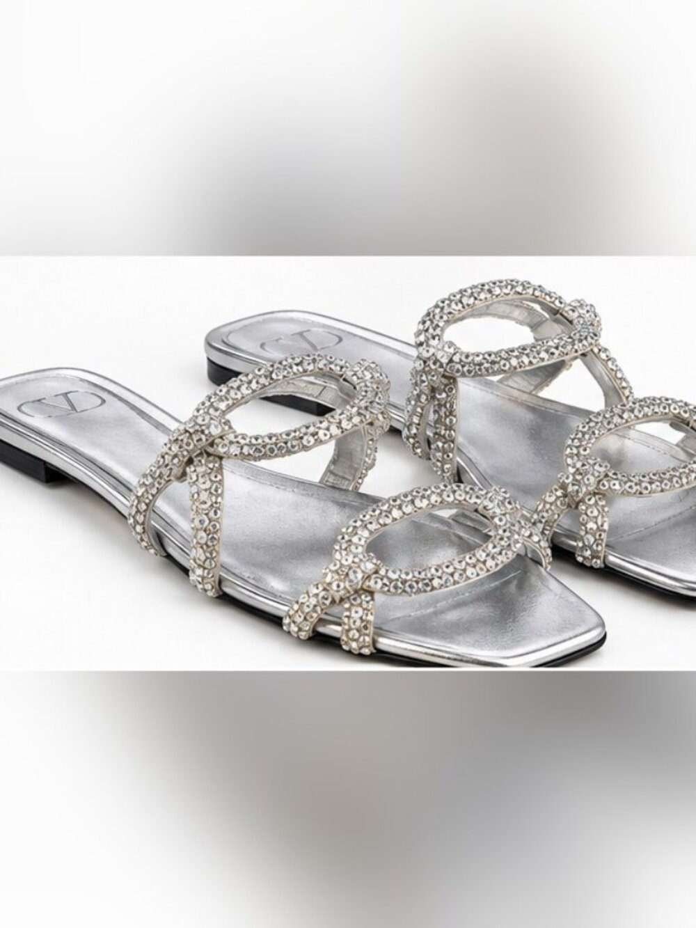Valentino Garavani Chain 1967 Crystal Flat Slides — Silver, Size 38